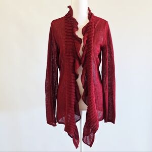 Eileen Fisher Red Open Knit Rayon Linen Blend Scalloped Open Front Women Size M